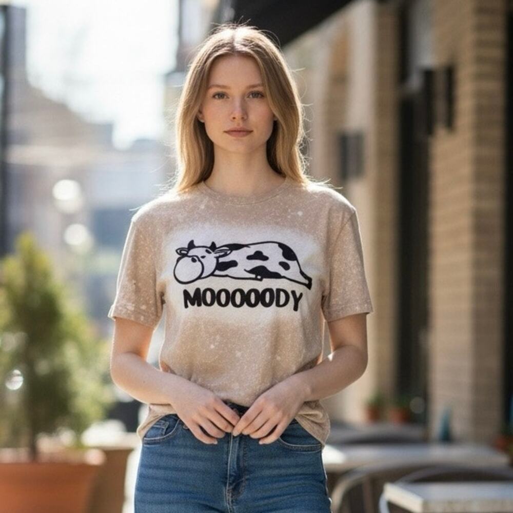 Moooody Cow Graphic T-Shirt Bleach Wash Tan Adult Short Sleeve Funny Farm